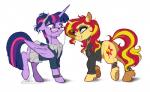 clothing collar duo eyeshadow eyewear feathered_wings feathers female feral glasses hair horn jacket leather leather_clothing leather_jacket leather_topwear makeup pencil_(object) purple_hair red_hair spiked_collar spikes topwear wings dvixie equestria_girls friendship_is_magic hasbro my_little_pony mythology sunset_shimmer_(eg) twilight_sparkle_(mlp) equid equine mammal mythological_creature mythological_equine unicorn winged_unicorn 2015