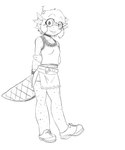 4_fingers amphibian anthro axolotl belt bottomwear cherry clothing female fingers fluffy fluffy_hair food freckles fruit hair hands_behind_back hi_res hotpants marine mego_(megolotl) megolotl mole_salamander plant salamander shirt shorts skirt solo tank_top topwear