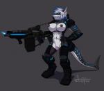 2016 abs anthro armor big_breasts black_nipples black_pussy blue_eyes breasts clothed clothing countershading female fish flamethrower genitals grey_background grin gun hair hi_res holding_gun holding_object holding_ranged_weapon holding_weapon looking_at_viewer marine multicolored_hair navel navel_piercing nika_sharkeh nipple_piercing nipples non-mammal_breasts non-mammal_nipples piercing pussy ranged_weapon rifle shark signature simple_background skimpy smile solo stoopix stripes tail tattoo unconvincing_armor weapon