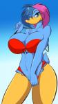 anthro beak big_breasts bikini blue_body blue_eyes blue_feathers blue_hair breasts cleavage clothed clothing feathers female hair huge_breasts multicolored_hair non-mammal_breasts pink_hair solo swimwear two-piece_swimsuit two_tone_hair yellow_body yellow_skin mastergodai knuckle_up! jupiter_(mastergodai) anatid anseriform avian bird duck 2016 9:16 hi_res