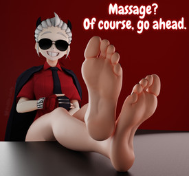 biped black_nails clothed clothing colored_nails eyewear feet female fingerless_gloves fingers foot_focus foot_on_table footwear furniture gloves hair handwear horn humanoid_feet looking_at_viewer nails necktie not_furry pedicure plantigrade red_clothing red_shirt red_topwear shirt shoes simple_background smile soles solo sunglasses table teasing text toes topwear white_hair wide_hips n00b-body helltaker justice_(helltaker) demon humanoid mammal 3d_(artwork) digital_media_(artwork) english_text hi_res
