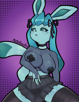 alternative_fashion anthro anthrofied areola areola_slip big_breasts black_bow black_clothing black_legwear black_thigh_highs blue_areola blue_body blue_fur blue_nose blue_sclera bottomwear breasts choker clothing eyelashes female fishnet_clothing fishnet_topwear front_view fur goth grey_bottomwear grey_clothing grey_skirt jewelry legwear looking_at_viewer necklace nipple_tape pasties pattern_background pokemorph purple_background simple_background skirt solo tape thick_thighs thigh_highs topwear translucent translucent_clothing translucent_topwear white_eyes wide_hips katoneko nintendo pokemon eeveelution generation_4_pokemon glaceon pokemon_(species) hi_res