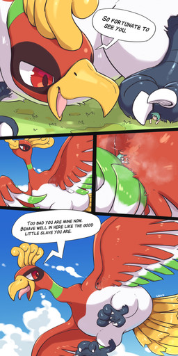 4_panel_comic 4_toes ambiguous/ambiguous ambiguous_feral ambiguous_gender ambiguous_human anisodactyl armpit_fetish avian_feet beak belly biped bipedal_feral black_feet black_markings bodily_fluids claws cloud command curling_talons curling_toes day degradation detailed_background dialogue dominant dominant_feral duo extreme_size_difference eye_markings feathered_wings feathers featureless_crotch feet feral flying foot_fetish forced glistening glistening_body glistening_eyes glistening_feathers grass green_body green_feathers green_hair green_markings green_wings hair head_crest highlights_(coloring) larger_dom larger_feral long_neck macro macro_feral markings micro_in_armpit multicolored_body multicolored_feathers multicolored_wings musk musky_armpit open_beak open_mouth outside ownership pink_tongue pinned pinned_to_ground plant red_body red_eyes red_feathers red_wings ring_(marking) shadow size_difference sky slightly_chubby smaller_human speech_bubble submissive submissive_human sweat sweaty_armpit tail tail_feathers talking_feral talons teasing text toe_claws toes tongue underfoot white_body white_claws white_feathers white_wings wings yellow_beak yellow_body yellow_crest yellow_feathers yellow_tail_feathers listrymistery mythology nintendo pokemon avian bird generation_2_pokemon ho-oh human legendary_pokemon mammal mythological_avian mythological_bird mythological_creature mythological_firebird pokemon_(species) absurd_res comic digital_drawing_(artwork) digital_media_(artwork) english_text hi_res watermark