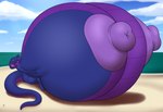 anthro areola beach big_areola big_breasts big_tail breasts claws cloud curvy_figure female forked_tongue green_eyes hand_behind_head holding_breast huge_areola huge_breasts hyper hyper_areola hyper_breasts looking_at_viewer nipples non-mammal_breasts non-mammal_nipples purple_areola purple_body purple_nipples reclining seaside smile snake_hood solo tail toe_claws tongue tongue_out badgerben nadja_coba cobra reptile scalie snake absurd_res hi_res