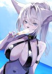 4_fingers anthro belt_collar big_breasts black_nose blue_eyes breasts clothed clothing eyebrow_through_hair eyebrows female fingernails fingers food fur hair holding_food holding_object holding_popsicle kemono leather leather_clothing long_hair looking_at_viewer nails navel partially_clothed popsicle popsicle_in_mouth popsicle_melting sky_background solo translucent translucent_hair wet wet_body wet_breasts wet_fur white_body white_fur white_hair ni_hao_nyannyan canid canine mammal 2024 digital_media_(artwork) half-length_portrait hi_res portrait