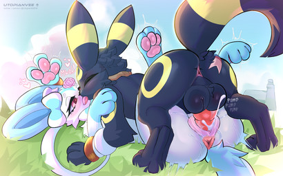 animal_genitalia animal_penis anus balls bodily_fluids bracelet cloud cloudy_sky cum cum_in_vagina cum_inside cum_splatter deep_kiss duo ejaculation eyes_closed female feral french_kissing from_front_position genital_fluids genitals gold_(metal) gold_bracelet gold_jewelry grass_field jewelry kiss_on_lips kissing knot knotted_penis male male/female married_couple mating_press nature nature_background penetration penis romantic romantic_couple saliva saliva_string sex sky sunny sweat vaginal vaginal_penetration vulva utopianvee nintendo pokemon eeveelution generation_2_pokemon generation_6_pokemon pokemon_(species) shiny_pokemon sylveon umbreon 16:10 hi_res widescreen