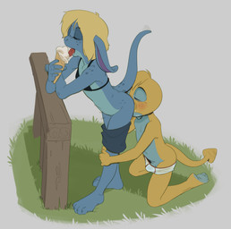 4_toes 5_fingers 5_toes anal anthro anthro_on_anthro barefoot blonde_hair blue_body blue_bottomwear blue_clothing blue_markings blue_penis blue_shorts blue_tail blush bottomwear bottomwear_down boxer_briefs bra bulge butt clothed clothing countershade_body countershade_face countershade_feet countershading duo erection eye_markings eyes_closed feet female female_anthro fingers food genitals grass hair humanoid_genitalia humanoid_hands humanoid_penis ice_cream_cone kneeling leg_grab licking_ice_cream male male/female male_anthro male_rimming_female markings motion_lines oral pants pants_down partially_clothed penis plant plantigrade purple_inner_ear raised_tail red_boxer_briefs red_clothing red_underwear rimming sex shorts shorts_down simple_background standing tail toes tongue tongue_out underwear white_background white_boxer_briefs white_clothing white_underwear yellow_body yellow_tail young young_anthro young_female young_male young_on_young apis_(artist) nintendo pokemon alicia_(apis) caprino_bencivenni dunsparce generation_2_pokemon pokemon_(species) 2022 absurd_res hi_res