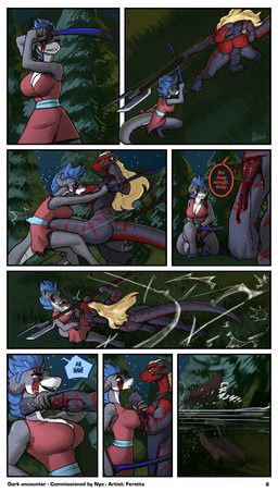 anthro big_breasts black_body black_eyes black_skin blonde_hair blood blue_hair bodily_fluids breasts clothing cupless_top dialogue female fight forest grey_body grey_skin hair halberd katana melee_weapon muscular muscular_female plant polearm red_body red_skin robe sword text tree weapon white_body white_skin wounded yellow_eyes feretta mythology tale_of_tails liz'alia nyo_la_nixan_(character) draako dragon mythological_creature mythological_scalie scalie 2025 absurd_res comic english_text hi_res