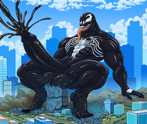 balls big_balls big_penis black_body bodily_fluids building city city_background city_crushing city_destruction cum destruction excessive_cum excessive_genital_fluids genital_fluids genitals glans huge_balls huge_penis humanoid_genitalia humanoid_penis hyper hyper_balls hyper_genitalia hyper_penis macro macro_male male penis skyscraper solo tongue tongue_out venom furrypur marvel venom_(marvel) alien alien_humanoid humanoid absurd_res hi_res