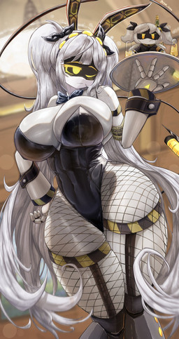 4_fingers accessory alcohol armband bangs beverage big_breasts black_clothing blunt_bangs blurred_background blush bow_tie breasts bunny_costume cable_tail champagne champagne_bottle champagne_glass cleavage clothed clothing container costume cuffs_(clothing) cup drinking_glass female fingers fishnet_clothing fishnet_legwear glass glass_container glass_cup hair hair_accessory hair_tie hand_on_hip hazard_stripes headband holding_object inside joints legs_together legwear long_hair machine navel_outline not_furry one_eye_closed plushie rabbit_ears screen_eyes segmented_arms segmented_fingers serving_tray solo standing strapless_clothing syringe syringe_tail tail text twintails_(hairstyle) waiter white_body white_hair wide_hips yellow_eyes epokguyz glitch_productions murder_drones j_(murder_drones) android disassembly_drone humanoid robot robot_humanoid tailed_humanoid 2025 artist_name hi_res portrait shaded three-quarter_portrait