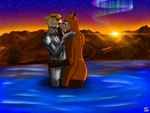 anthro aurora_(phenomenon) bodily_fluids crying duo male male/male mountain sunset tears transformation water sergld canid canine fox mammal hi_res