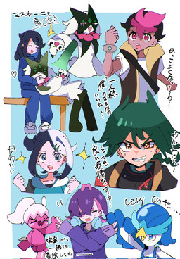 ambiguous_gender anthro beak black_hair blue_eyes blue_feather_hair blue_hair brown_eyes claws duo eyelashes eyes_closed fangs feathers female female_human fur green_body green_fur green_hair group hair heart_symbol male male_human multicolored_hair one_eye_obstructed open_mouth pawpads pink_body pink_eyes pink_hair purple_hair simple_background solo sparkles teeth text trio two_tone_hair white_body white_feathers toripoke710 nintendo pokemon dot_(pokemon) liko's_meowscarada liko_(pokemon) roy_(pokemon) ult_(pokemon) avian bird felid feline generation_9_pokemon human humanoid mammal meowscarada pokemon_(species) quaxwell tinkatuff 2025 english_text hi_res japanese_text translation_request female_(lore)
