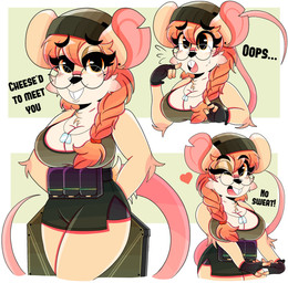 accessory anthro arm_tuft beanie braided_hair breasts chest_tuft cleavage clothed clothing dialogue dog_tags elbow_tuft eyebrow_through_hair eyebrows eyelashes eyewear female fingerless_gloves fur glasses gloves hair hair_accessory hair_tie hands_behind_back handwear hat headgear headwear heart_symbol looking_at_viewer one_eye_closed open_mouth shield solo translucent translucent_hair tuft wireless_shiba mammal murid murine rat rodent 2022 absurd_res hi_res