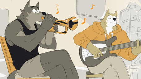 5_fingers anthro bass_guitar biped brass_instrument brown_body brown_fur clothed clothing duo eyebrows fingers fur grey_body grey_fur guitar holding_object male multicolored_body multicolored_fur muscular muscular_anthro muscular_male musical_instrument musical_note musical_symbol playing_guitar playing_music plucked_string_instrument sitting string_instrument symbol trumpet two_tone_body two_tone_fur white_body white_fur wind_instrument st4rsbucks ash_(st4rsbucks) dirt_(st4rsbucks) canid canine canis mammal wolf absurd_res hi_res