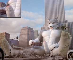 anthro balls building car city city_destruction close_up_panel destruction dirty dirty_feet feet foreskin foreskin_play genitals macro male micro muscular muscular_male penis rampage relaxing sitting solo teeth tongue vehicle bigkami canid canine canis mammal wolf 2025 3d_(artwork) digital_media_(artwork) hi_res