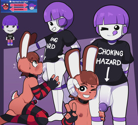 5_fingers anthro anthro_penetrated balls big_balls big_penis black_choker black_clothing black_eyes black_gloves black_handwear black_jewelry black_legwear black_necklace black_shirt black_topwear bottomless brown_body brown_fur cheeky choker choking_hazard clothed clothing deep_throat erection fingerless_gloves fingers fur genitals gesture gloves grey_penis hair hand_gesture hand_on_hip handwear head_grab huge_balls huge_penis humanoid_genitalia humanoid_on_anthro humanoid_penetrating humanoid_penetrating_anthro humanoid_penis jewelry kneeling legwear looking_at_viewer looking_down looking_up male male/male male_penetrated male_penetrating male_penetrating_male multiple_positions neck_bulge necklace nipples oral oral_penetration pattern_clothing pattern_legwear penetration penis penis_size_difference pupils purple_hair purple_penis purple_tongue red_body red_clothing red_fur red_gloves red_handwear red_legwear red_nipples sex shirt smile smirk spiral spiral_eyes striped_clothing striped_legwear stripes text text_on_clothing text_on_shirt text_on_topwear tongue tongue_out topwear twitch_chat v_sign white_body white_fur white_inner_ear white_penis white_pupils delewd 5-sock_outfit tomodachi_life:_living_the_dream twitch.tv humanoid lagomorph leporid mammal rabbit absurd_res english_text hi_res