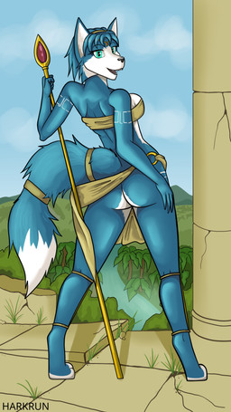 anthro bottomwear bottomwear_aside bottomwear_pull butt clothed clothing clothing_aside clothing_pull female forest jungle loincloth loincloth_aside loincloth_only loincloth_pull looking_at_viewer looking_back nude plant rear_view river ruins skimpy smile solo topless tree harkrun nintendo star_fox krystal_(star_fox) canid canine fox mammal 4k 9:16 absurd_res hi_res