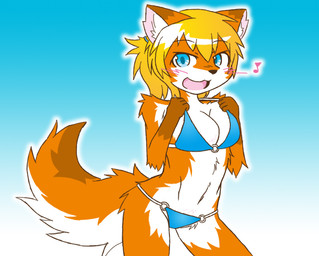anthro bikini blonde_hair blue_eyes blush breasts butt clothed clothing female fluffy fluffy_tail fur gradient_background hair inner_ear_fluff kemono musical_note musical_symbol open_mouth orange_body orange_fur ponytail simple_background solo standing swimwear symbol tail tuft two-piece_swimsuit acky05 canid canine mammal 2015