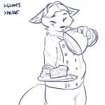 anthro cheek_tuft cloche clothed clothing dessert eyes_closed facial_tuft food holding_object male neck_tuft pastry pie plate simple_background smile solo steam text tuft white_background ittybittykittytittys disney zootopia gideon_grey canid canine fox mammal red_fox true_fox 1:1 2019 blue_and_white english_text hi_res monochrome