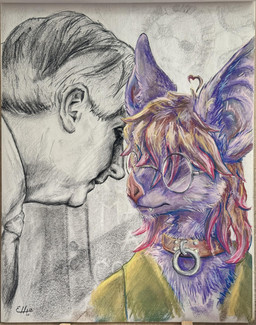 ambiguous_gender anthro chalk_pastel_(artwork) classroom clothed clothed_anthro clothed_male clothing collar documentary duo eyewear glasses green_clothing green_jacket green_topwear hair highlights_(coloring) jacket male meme_pose round_glasses school topwear ellie_online 9/11 andrew_card reese_the_bat bat human leaf-nosed_bat mammal microbat vampire_bat yangochiropteran absurd_res charcoal_(artwork) hi_res traditional_media_(artwork)