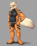 anthro beard bulge clothing facial_hair green_eyes grey_background grinning_at_viewer jewelry looking_at_viewer male musclegut muscular nipples pendant simple_background solo standing tattoo underwear nihonthedragon nihontd nintendo pokemon kodiak_(kodiak079) arcanine canid canine canis generation_1_pokemon mammal pokemon_(species) 2024 absurd_res hi_res