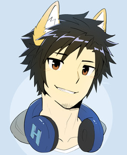 black_hair blue_background brown_eyes clothing electronics hair headphones looking_at_viewer male simple_background smile solo sollyz haruz animal_humanoid canid canid_humanoid canine canine_humanoid dog_humanoid humanoid mammal mammal_humanoid 2020 hi_res