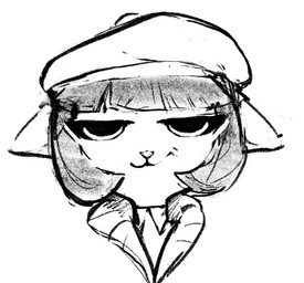 anthro clothing female hair half-closed_eyes hat headgear headwear looking_at_viewer narrowed_eyes pivoted_ears simple_background smile smirk smug_face solo unknown_artist lackadaisy ivy_pepper domestic_cat felid feline felis mammal headshot_portrait hi_res monochrome portrait