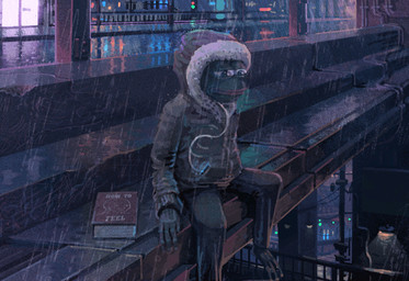 anthro biped book bottomwear city clothed clothing coat depression detailed_background jacket male pants raining sad sitting solo street text topwear urban mostlyharmless pepe_the_frog amphibian frog animated english_text meme
