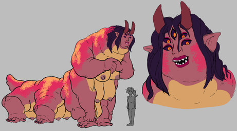 5_eyes black_hair black_sclera breasts duo female hair horn long_neck macro multi_arm multi_breast multi_eye multi_limb multicolored_body not_furry not_furry_focus obese obese_female overweight overweight_female pointy_ears sharp_teeth short_tail silhouetted_body size_difference tail teeth sloppyheadwind arthropod caterpillar demon human insect larva long_taur mammal monster taur hi_res