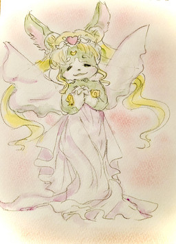 angel_costume anthro bare_shoulders blonde_hair blush clothing cosplay crown eyes_closed fake_wings female fur grey_body grey_fur grey_hair hair hands_together headgear multicolored_body multicolored_fur oversized_clothing robe smile solo tiara white_body white_fur wig nyakofy caravan_stories sailor_moon_(series) myarol sailor_moon_(character) chinchilla chinchillid gessy mammal rodent 2021 hi_res painting_(artwork) traditional_media_(artwork) traditional_painting_(artwork) traditional_watercolor_(artwork) watercolor_(artwork)