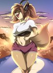 anthro athletic_wear bottomwear bra brown_hair clothed clothing cloud crop_top electronics gym_bottomwear gym_shorts hair happy headgear headphones headset jogging open_mouth outside shirt shorts sidewalk solo tail thick_thighs topwear underwear zerrymon fan_character canid canine fox mammal hi_res