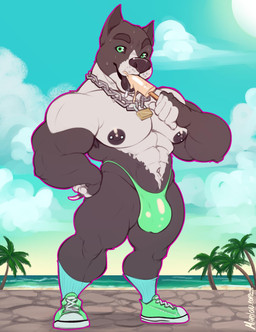 abs anthro armpit_hair beach big_muscles big_pecs bodily_fluids body_hair bulge chain_jewelry chain_necklace clothing cloud dessert detailed_background food footwear hand_on_hip huge_pecs ice_cream jewelry legwear lock looking_at_viewer male muscular muscular_anthro muscular_male navel necklace nipple_piercing nipples outside palm_tree pecs piercing plant popsicle popsicle_melting seaside shoes sky socks solo standing sucking summer sweat thong tongue tongue_out tree underwear water marlon.cores daxx_(shirteater18) canid canine canis domestic_dog mammal pit_bull 2019 absurd_res hi_res