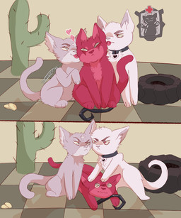 cactus cleric clerical_collar desert feral group plant tail frank22young mewgenics marshmallow_(mewgenics) domestic_cat felid feline felis mammal 5:6 absurd_res comic hi_res