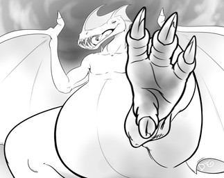 4_toes ambiguous_gender belly claws feet feral first_person_view foot_focus half-closed_eyes looking_at_viewer low-angle_view macro membrane_(anatomy) membranous_wings narrowed_eyes offscreen_character open_mouth outside sharp_teeth size_difference sky soles solo tail teeth toes tongue wide_crotch wings durg_(artist) mythology dragon monster mythological_creature mythological_scalie scalie 2015 absurd_res hi_res monochrome signature