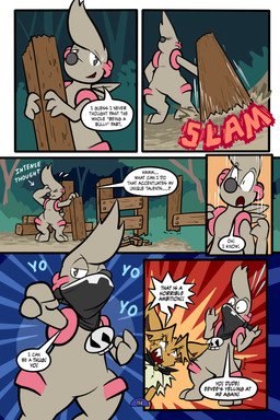 6_panel_comic ambiguous_gender biped black_cape black_clothing black_eyes black_nose black_text brown_body brown_fur brown_hair cape clothing dialogue dot_pupils ellipsis exclamation_point eyebrows eyelashes feral forest fur group hair handkerchief holding_object kerchief looking_at_another motion_lines neck_tuft open_mouth open_smile outside page_number paws plant pose quadruped question_mark questioning_ellipsis sharp_teeth shrub smile sound_effects speech_bubble standing tail talking_to_another teeth text tongue toony translucent translucent_hair tree tuft white_sclera white_text virmir nintendo pokemon pokemon_mystery_dungeon spike_chunsoft twobyfour_(virmir) virmir_(character) eevee generation_1_pokemon generation_5_pokemon humanoid pokemon_(species) timburr 2026 2:3 absurd_res comic english_text hi_res signature male_(lore)