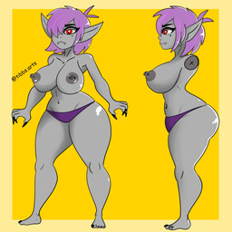 areola barbell_piercing big_breasts breasts clothing eyelashes female grey_body hair long_eyelashes nipple_dip nipple_piercing nipples piercing purple_hair red_eyes small_waist solo thick_thighs thong underwear wide_hips tibbs betty_(tibbs) bat elf humanoid leaf-nosed_bat mammal microbat vampire_bat yangochiropteran 1:1 hi_res model_sheet