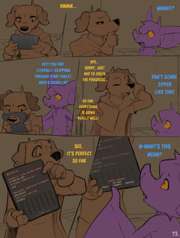 ambiguous_gender anthro big_ears blue_text cloak clothed clothing comic_panel dialogue duo eyes_closed green_text machine purple_body red_text tablet_computer text wings yellow_eyes yellow_text conditional_dnp dacad tyler_(dacad) zipper_(dacad) bat canid canine mammal comic english_text hi_res restricted_palette