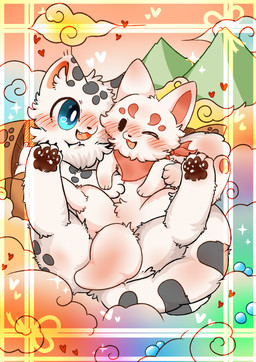 2_tails ambiguous_gender black_body black_fur blue_eyes blush cheek_tuft chest_tuft claws detailed_background duo facial_tuft fangs feral fur fur_markings inner_ear_fluff looking_at_another lying markings multi_tail multicolored_body multicolored_fur neck_tuft on_another on_back open_mouth pawpads paws pink_body pink_fur spread_legs spreading tail teeth tongue tuft two_tone_body two_tone_fur white_body white_fur yizhixaomengji asian_mythology chinese_mythology east_asian_mythology fabulous_beasts fenz_(studio) mythology fuzai_(fabulous_beasts) hetao_(fabulous_beasts) canid canine felid fox mammal pantherine snow_leopard absurd_res colored cover cover_art cover_page hi_res textless