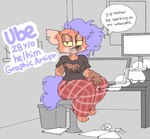 anthro barefoot big_eyes black_clothing black_shirt black_topwear blue_body blue_fur blue_hair bottomwear bracelet breasts brown_body brown_fur cigarette clothed clothing dialogue drawing_tablet ear_piercing electronics feet female fingers frown fully_clothed fur furniture hair holding_cigarette holding_object holding_stylus inner_ear_fluff inside jewelry lidded_eyes looking_at_viewer markings mole_(marking) monitor multicolored_body multicolored_fur no_pupils open_frown open_mouth orange_body orange_fur pants pattern_bottomwear pattern_clothing pattern_pants piercing plaid plaid_bottomwear plaid_clothing plaid_pants pronouns red_bottomwear red_clothing red_eyes red_pants shirt sitting smoke solo speech_bubble stated_adult stated_age stool teeth text thick_thighs toes toony topwear trash_can tuft yellow_sclera shoobular ube_(shoobular) canid canine mammal 2025 character_name digital_media_(artwork) english_text flat_colors full-length_portrait hi_res portrait trans_(lore) trans_man_(lore)