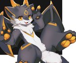 anthro black_body black_fur fur gesture hand_gesture horn kemono lying male on_back pawpads solo v_sign wings yellow_eyes yellow_horn min_furry mythology dragon furred_dragon furred_scalie mythological_creature mythological_scalie scalie 6:5 absurd_res hi_res