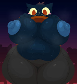anthro areola belly big_breasts blue_areola blue_body blue_nipples blush bodily_fluids bottomwear breasts clothed clothing clothing_lift female female_anthro huge_breasts musk nipple_dip nipples notched_ear overweight overweight_anthro overweight_female pants puffy_nipples question_mark raised_clothing raised_shirt raised_topwear red_eyes shirt shirt_lift smile solo speech_bubble sweat sweaty_belly sweaty_breasts thick_thighs topless topless_anthro topless_female topwear wide_hips ekkokenight night_in_the_woods mae_borowski domestic_cat felid feline felis mammal 2026 digital_media_(artwork) hi_res portrait three-quarter_portrait