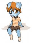 anthro biped blue_body blue_fur bottomwear brown_eyes brown_hair clothed clothing collar footwear fur hair heart_symbol legwear looking_at_viewer male pants shirt simple_background sitting smile socks solo tongue tongue_out topwear young young_anthro aggie_(artist) canid canine canis domestic_dog mammal 2018 digital_media_(artwork) hi_res