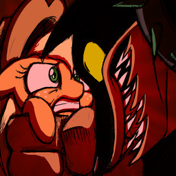 angry anthro blonde_hair captured clothing cowboy_hat duo eye_contact female green_eyes grin hair hat headgear headwear looking_at_another male smile teeth mickeymonster friendship_is_magic hasbro my_little_pony applejack_(mlp) canid diamond_dog_(mlp) earth_pony equid equine horse mammal pony