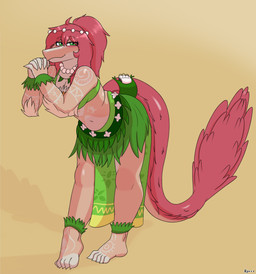 ankleband anthro arm_tattoo biped blush bra bracelet clothing elbow_feathers eyebrow_through_hair eyebrows feathered_tail feathers feet female fingers foot_tattoo front_view grass_skirt green_bra green_clothing green_eyes green_underwear hair hands_together humanoid_feet humanoid_hands jewelry leaning leaning_forward long_hair long_tail looking_at_viewer necklace plantigrade pose red_body red_feathers red_hair shoulder_tattoo simple_background smile solo standing tail tan_body tattoo text toes translucent translucent_hair tribal underwear yellow_background hyuvevo cavemanon_studios volcaldera_ashfall ashley_(volcaldera_ashfall) dinosaur dromaeosaurid prehistoric_species reptile saurischian scalie theropod 2026 absurd_res artist_name colored full-length_portrait hi_res portrait shaded