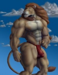 abs anthro biceps big_muscles bottomwear bulge clothing cloud detailed_bulge genital_outline green_eyes hair loincloth male muscular muscular_anthro muscular_male nipples outside pecs penis_outline pose scar sky skyscape solo tail teeth sudonym felid lion mammal pantherine