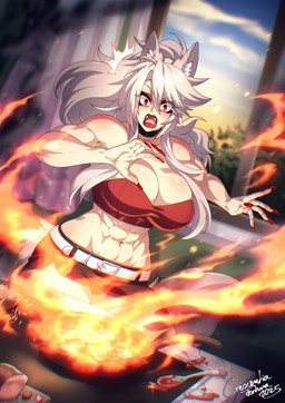 abs big_breasts breasts cleavage clothed clothing cooking cookware emanata fangs female fire frying_pan grey_hair hair huge_breasts kitchen_utensils lipstick makeup muscular muscular_female red_eyes solo surprised tail teeth tools crescentia_fortuna deathblight animal_humanoid canid canid_humanoid canine canine_humanoid humanoid mammal mammal_humanoid wolf_humanoid 2025 dated hi_res signature