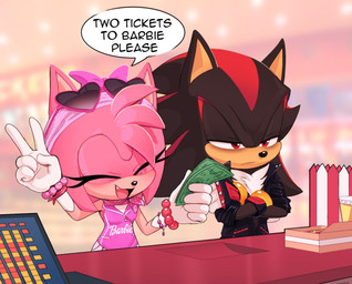accessory anthro bow_ribbon clothing duo eyes_closed eyewear eyewear_on_head female fur gesture hair_accessory hair_bow hair_ribbon hand_gesture jacket leather leather_clothing leather_jacket leather_topwear male money movie_theater pink_body pink_fur ribbons sunglasses sunglasses_on_head text topwear v_sign toonsite sega sonic_the_hedgehog_(series) amy_rose shadow_the_hedgehog eulipotyphlan hedgehog mammal 2022 english_text hi_res