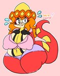 anthro belly big_breasts bottomwear breasts clothing crocalor eyewear female generation_9_pokemon glasses hair hi_res lewdchuu_(artist) navel nervous nintendo orange_hair pokemon pokemon_(species) red_body savita_(lewdchuu) shirt shorts slightly_chubby solo tail thick_thighs topwear