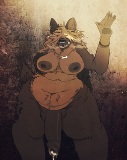 anthro big_penis bodily_fluids breath brown_body brown_fur cum foreskin fur genital_fluids genitals gynomorph hair hair_over_eyes humanoid_genitalia humanoid_penis intersex leaking_cum multiple_piercings nude overweight penis piercing solo thick_thighs unretracted_foreskin sudo7 sudo_(sudo7) hyena mammal hi_res