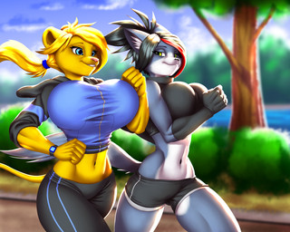 anthro big_breasts black_nose blonde_hair blue_eyes bottomwear breasts clock clothed clothing curvy_figure duo exercise female fur hair hoodie jogging long_hair navel outside pants park plant ponytail shorts smile topwear tree voluptuous watch water white_body white_fur yellow_eyes pak009 kristy_winters_(lildredre) domestic_cat felid feline felis lion mammal pantherine 2019 5:4 digital_media_(artwork) hi_res